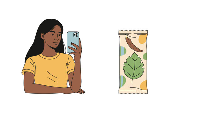 Young woman taking a selfie with a healthy snack bar featuring natural ingredients and a modern design