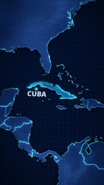 3D digital map animation highlighting Cuba, Caribbean region, featuring neon glowing borders, a coordinate grid, and bold typography, optimized for short-form social media and vertical mobile screens.