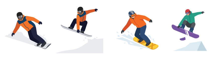 Fototapeta premium Isometric snowboarders collection showing extreme winter sports and snowboarding tricks