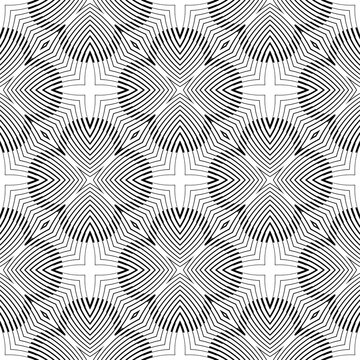 Elegant seamless optical illusion pattern featuring curved concentric lines, diamond shapes, and symmetrical geometric forms. Ideal for luxury textiles, wallpapers, packaging, fashion prints, branding