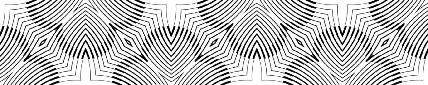 Elegant seamless optical illusion pattern featuring curved concentric lines, diamond shapes, and symmetrical geometric forms. Ideal for luxury textiles, wallpapers, packaging, fashion prints, branding