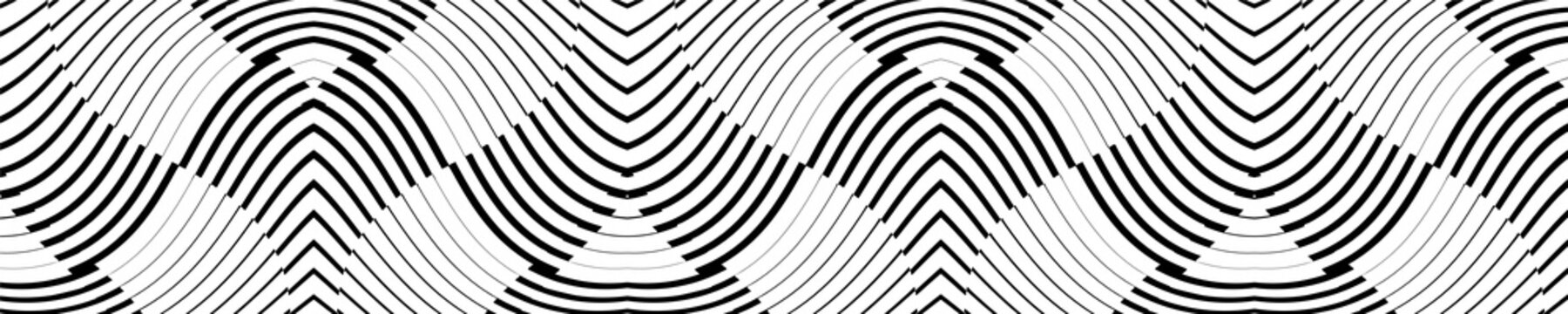 Elegant seamless optical illusion pattern featuring curved concentric lines, diamond shapes, and symmetrical geometric forms. Ideal for luxury textiles, wallpapers, packaging, fashion prints, branding