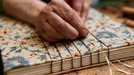 Naklejka premium Close up of hands stitching a fabric bound book with thread through its pages on a wooden surface