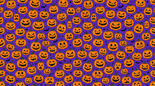 Seamless pattern with cute halloween pumpkins on a purple background vector illustration of jackolanterns for holiday design, wrapping paper, fabric, and wallpaper