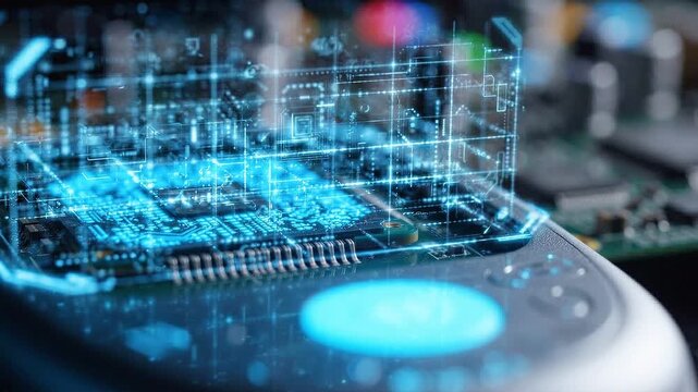 Close-up view of a circuit board with illuminated microchip and holographic data display, showcasing technological advancement in electronics and digital innovation