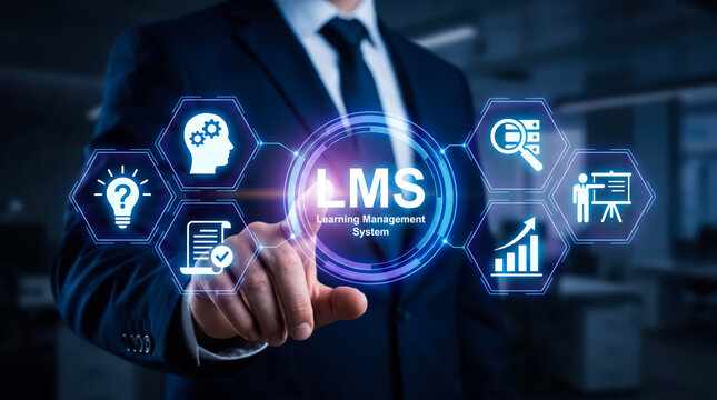 Businessman touching a digital interface with learning management system lms concept icons for online education and corporate training