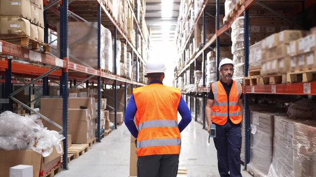 Logistics team working in a vast warehouse. A manager with a scanner gives instructions while a worker moves boxes with a pallet truck