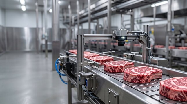 Beef steaks move along an automated conveyor belt with a camera inspection system