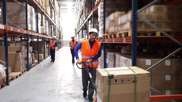 Black female worker in a hard hat and safety vest operating a pallet jack, transporting a large box through a warehouse aisle for delivery