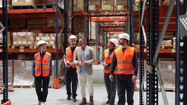 Diverse team of logistics workers walking with their manager through a large distribution center, discussing inventory and cargo shipment
