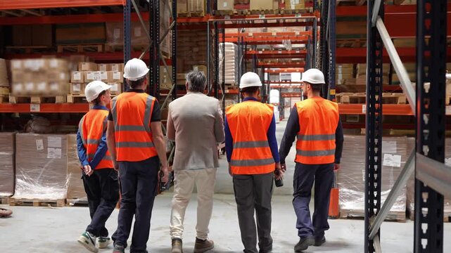 Warehouse manager walking with his team through a storage aisle. Logistics and distribution center employees inspecting the merchandise