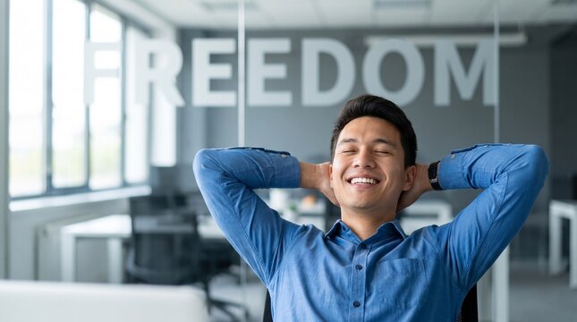 A happy and relaxed young man leaning back in his office chair with the word 'FREEDOM' visible on the glass partition behind him, symbolizing professional liberation and contentment.