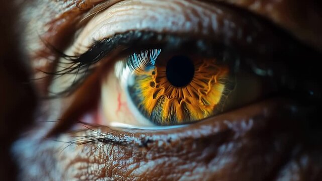Macro close-up of human eye iris with blue and amber detail