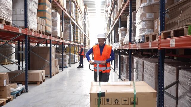 African american female worker moving a cardboard box on a pallet jack in a distribution center. Logistics and supply chain concept