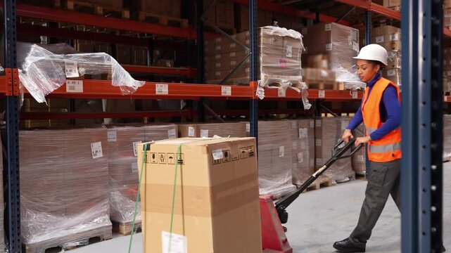 Young woman working in a large distribution center. She wears a hard hat and safety vest while moving a large cardboard box with a pallet jack