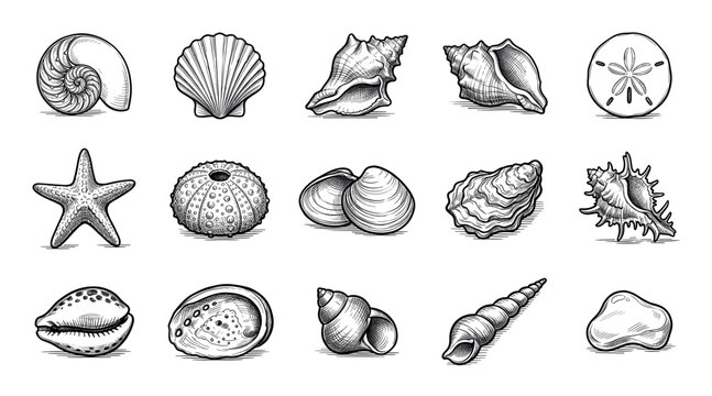 Various hand-drawn seashells, starfish, and sea urchin illustrations in black and white, featuring detailed textures and shading on a clean white background