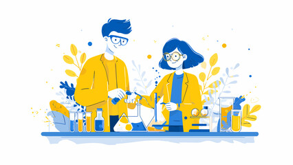 Naklejka premium Scientists conducting chemical research in a laboratory setting demonstrate the collaborative spirit of academic discovery and scientific innovation.