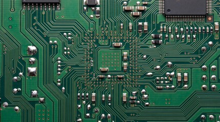 Fototapeta premium Close-up of a green electronic circuit board with microchips and components