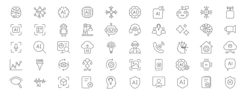Artificial intelligence line icons set, 50 AI technology vector symbols, machine learning and neural network thin stroke graphics for UI design