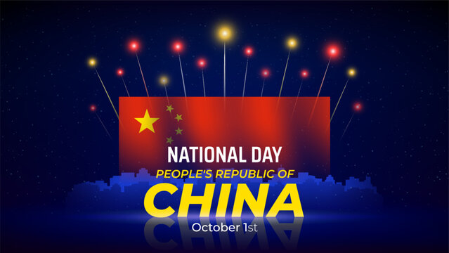 October 1 china national day. Fireworks, chinese flag. Flag and cityscape, dark night sky. Happy national holiday october 1st national day china. Greeting card. Vector illustration