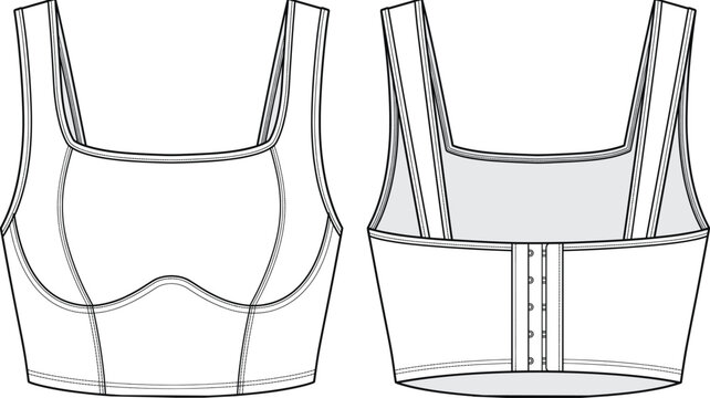 WebSquare neck bustier crop top with hook closure front and back view fashion technical flat sketch vector