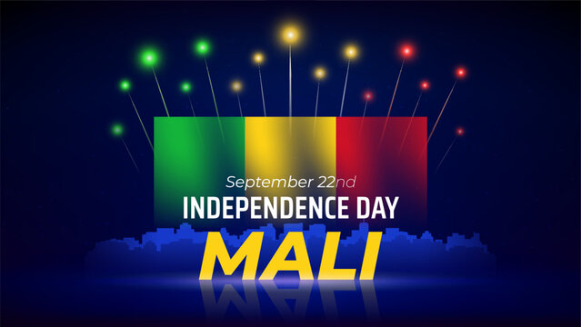 September 22, mali independence day. Fireworks, malian flag. Colorful flag and cityscape against dark night sky. National holiday September 22nd Mali Independence Day. Vector illustration