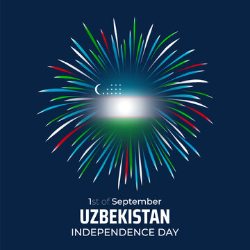 September 1st, uzbekistan independence day, uzbek colorful fireworks flag on blue night sky background. National holiday uzbekistan september 1 independence day. Greeting card. Vector illustration