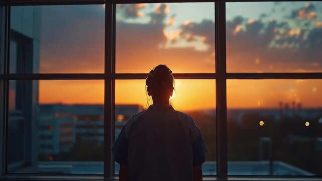 Silhouette of person looking out a window at sunset