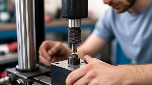 A person operating a hardness testing hine on a metal block with focused precision and industrial equipment detail