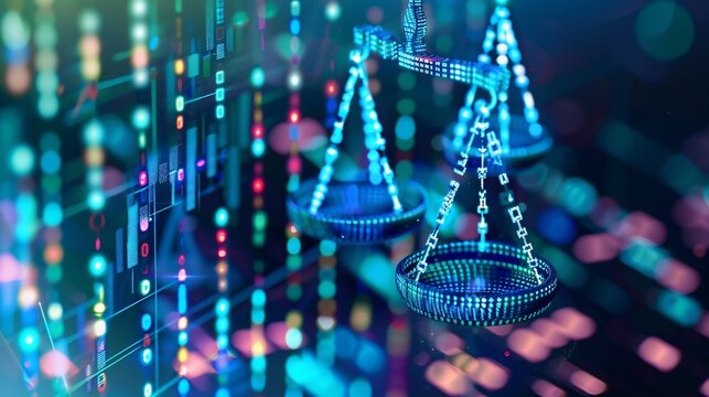 Digitally rendered scales of justice against data visualization backdrop, concept of law