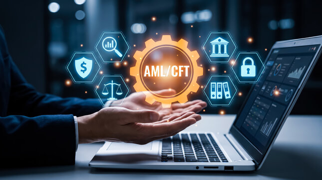 Businessman using laptop with digital interface of amlcft antimoney laundering and combating the financing of terrorism concept