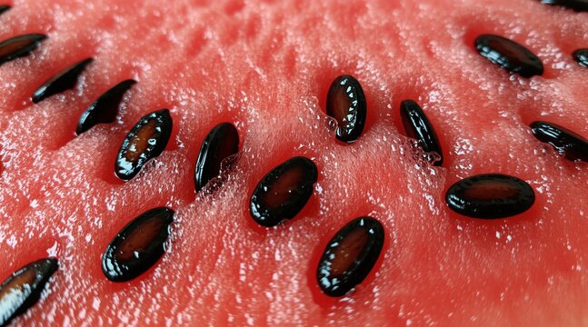 Macro shot of sliced ripe watermelon shows red juicy pulp with small black seeds inside. Vibrant fruit texture organic sweet summer snack. Natural food details display delicious pink flesh with