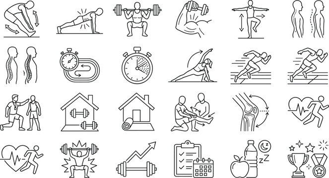 Set of fitness, workout, and healthy lifestyle outline icons for sports and exercise design concepts.