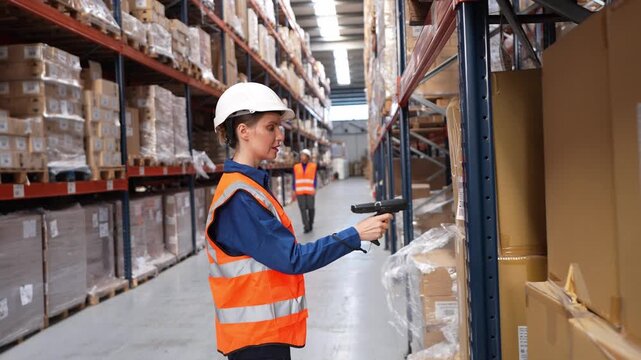 Female logistics employee using a barcode scanner on a package for inventory management. Professional worker in a distribution center