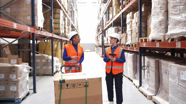 Two diverse female employees working in a distribution center. An african american woman pushing a pallet jack with a large box talking to her colleague