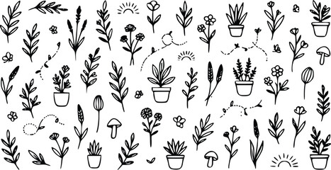 Set of black hand drawn sketch style flowers plants and herbs for decorative design work © Creative Liyajul Art
