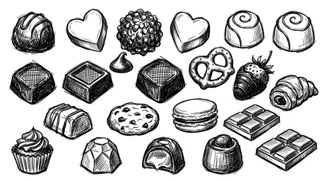 Various hand-drawn chocolate candies and desserts are sketched in black ink on a clean white background, showcasing different shapes and textures
