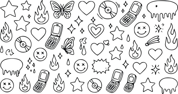 Set of y2k aesthetic doodle icons including flip phones hearts stars fire and butterflies