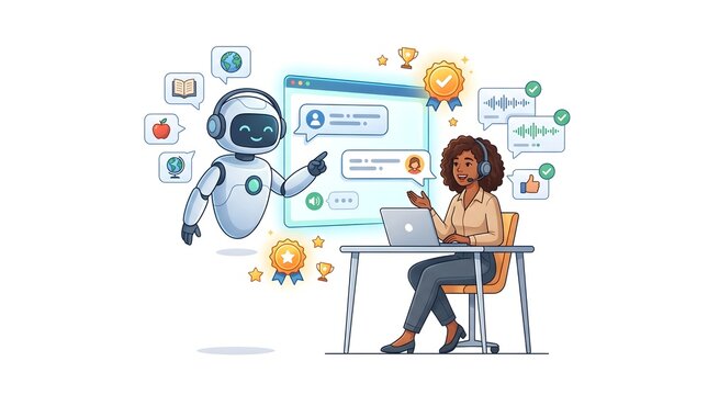 AI Language Tutor Illustration with Speaking Practice and Pronunciation Feedback