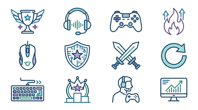 Collection of Gaming Icons and Symbols Representing Digital Entertainment.