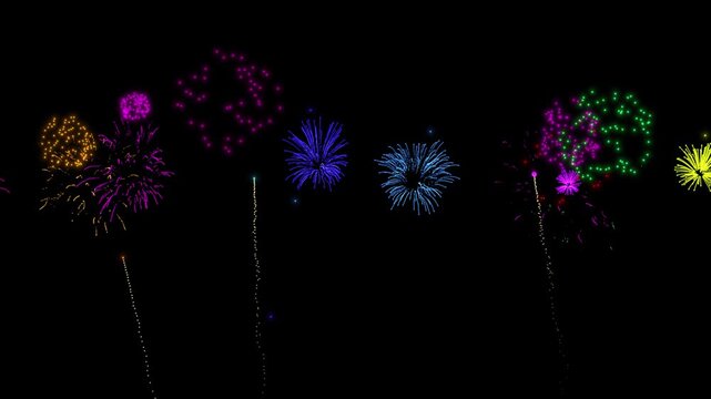 Multicolored festive fireworks explosion overlay loop animation vidoes, Celebration, holidays, party decoration. overlay fireworks explosion alpha on the black night sky