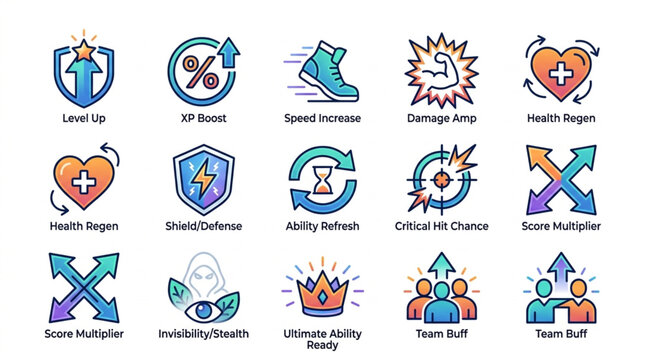 Collection of Gaming Icons Representing Achievements and Stats.