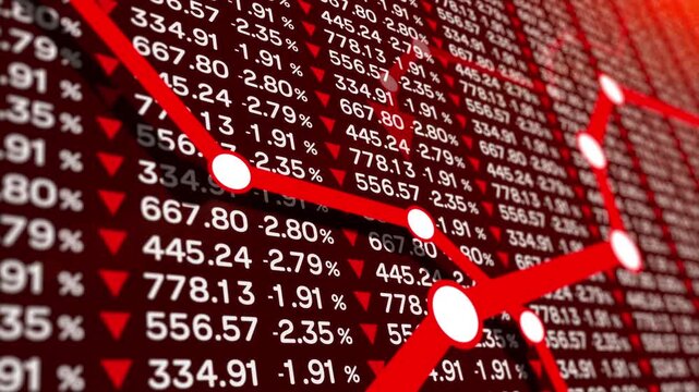 Stock market trading board with falling quotes. 4K.