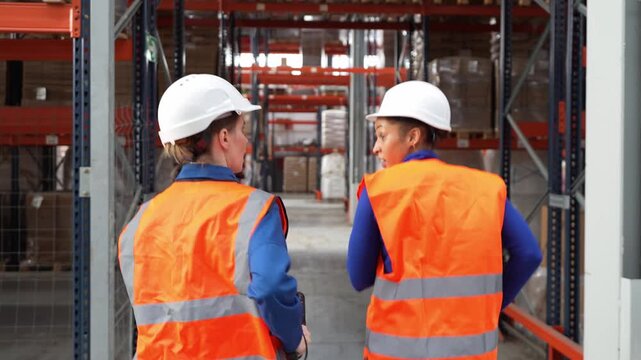 Back view of two diverse female logistics managers in hard hats and safety vests walking and talking inside a large distribution center