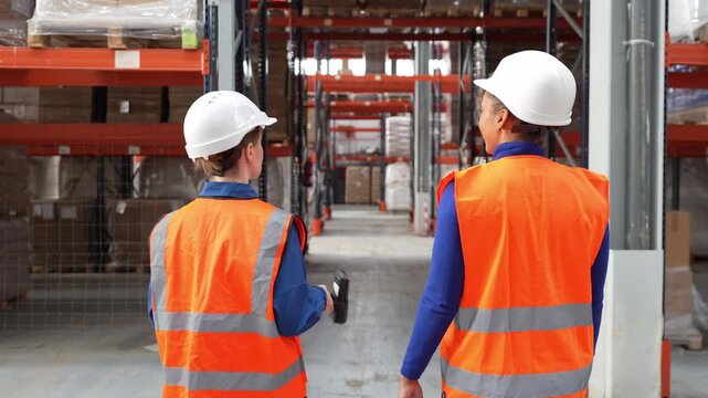 Two women employees in hard hats and safety vests walking through a large storage warehouse. They are inspecting and talking about inventory
