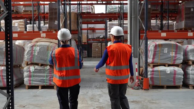 Two logistics employees in hard hats and safety vests walking through a storage facility aisle, managing inventory and checking cargo
