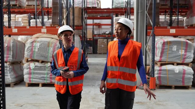 Two diverse female employees in safety vests and hard hats walking through a logistics center, checking stock and discussing inventory management