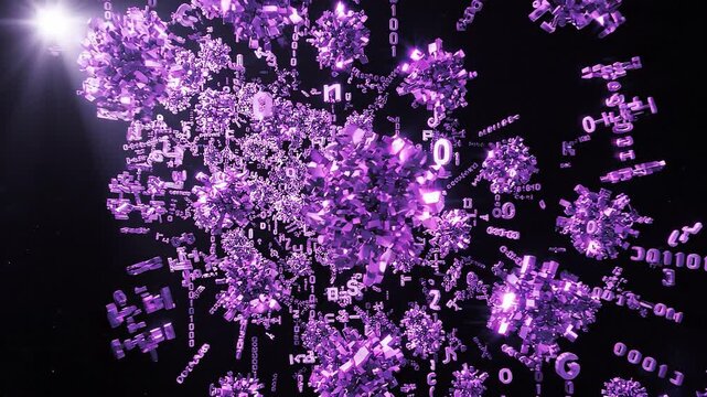 Abstract digital composition of purple geometric shapes and binary code particles floating in dark space illuminated by bright light source creating a futuristic atmosphere