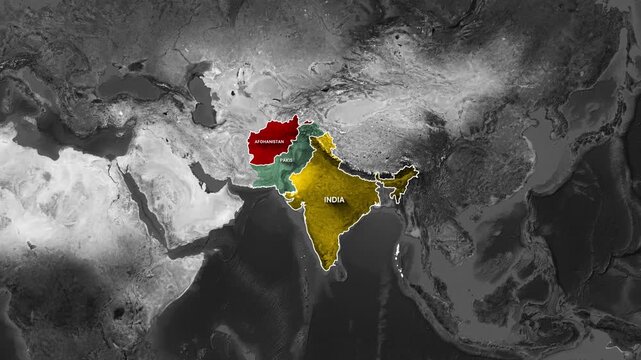Animated South Asia Map Highlighting Afghanistan, India, and Pakistan with Country Labels