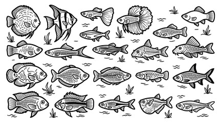 Obraz premium Various hand-drawn tropical aquarium fish species are depicted in a playful black and white cartoon style on a clean white background
